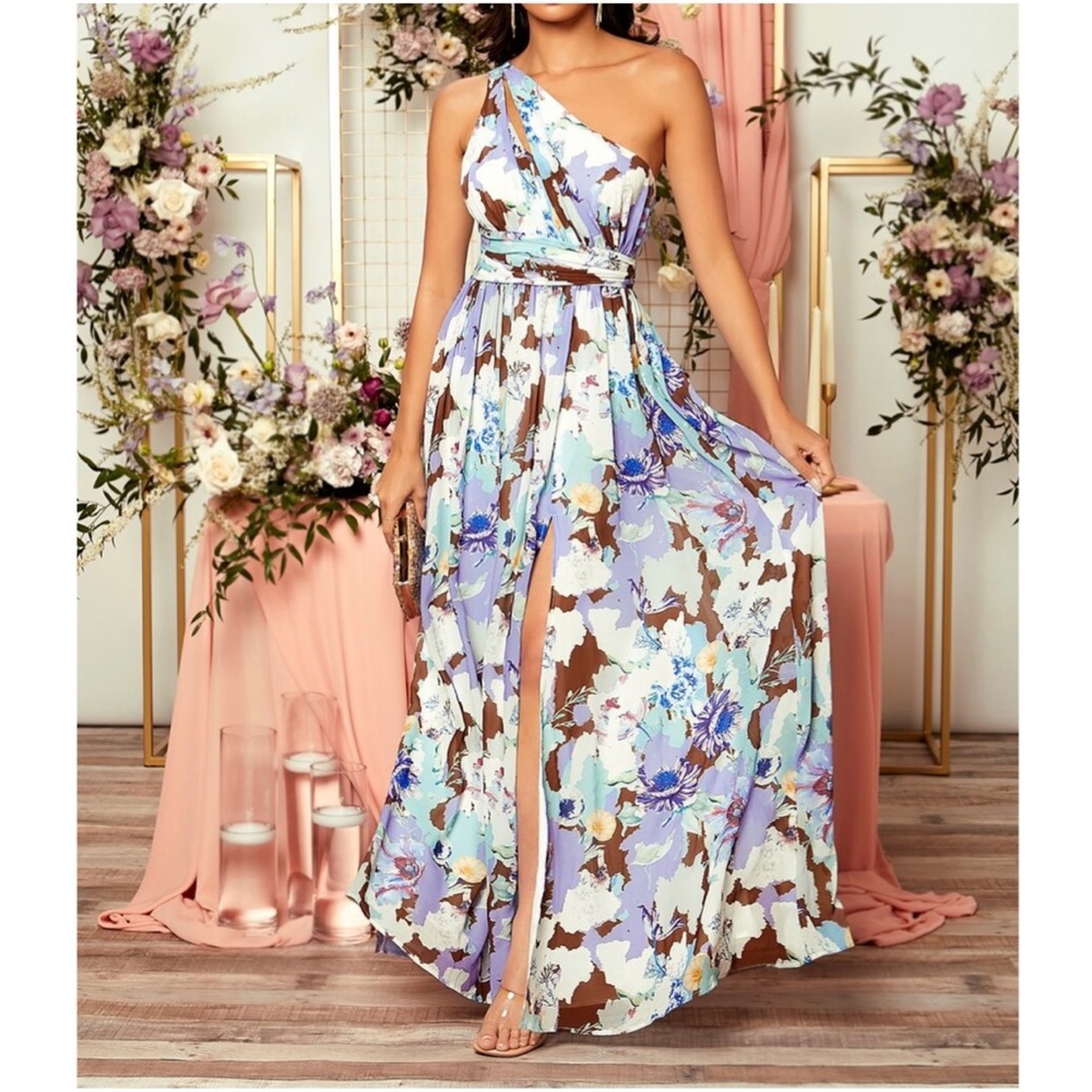 Luxe Lilac Purple Floral Print One Shoulder Floral Evening Wedding Party Dress